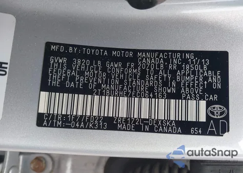 2014 Toyota Corolla S Plus from USA, damaged, VIN 2T1BURHE7EC064163